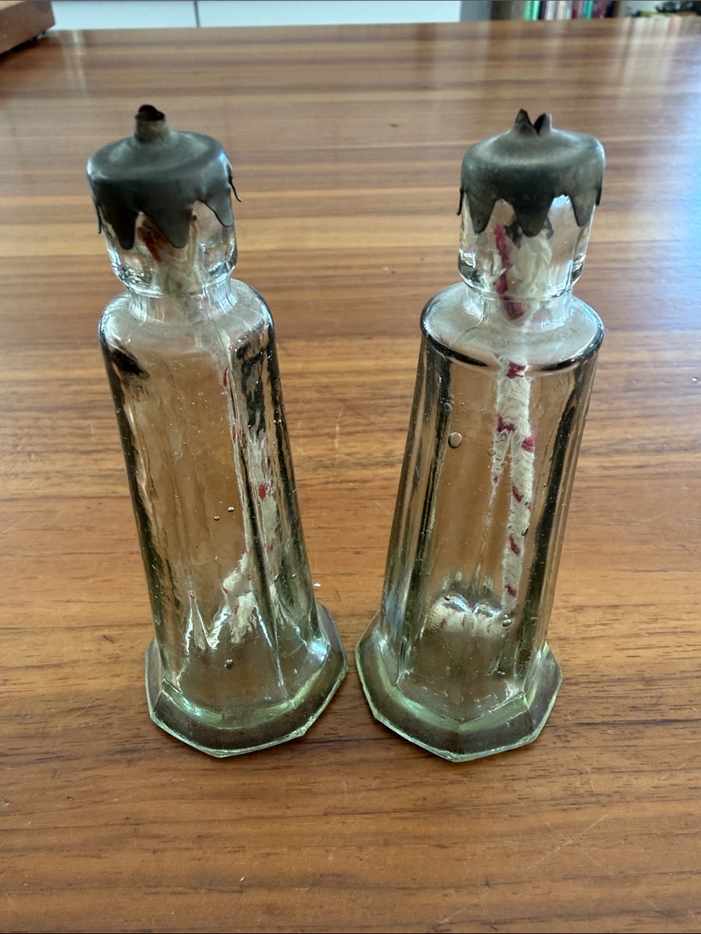 Vintage MCM faceted blown glass oil candles- pair 4 inches tall